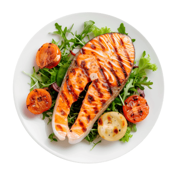 Grilled salmon served on a bed of fresh salad and vegetables png
