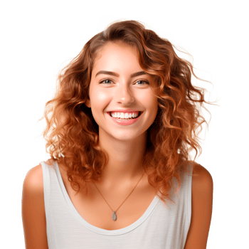A cheerful young woman with curly hair smiling brightly in casual attire. png