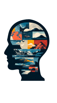 Colorful silhouette of a head filled with various landscape scenes png