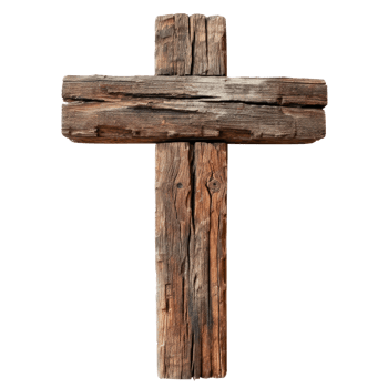 Rustic wooden cross symbolizing faith and spirituality isolated on a transparent background. png