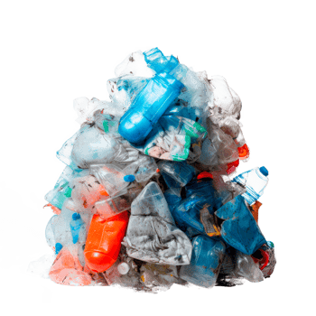 A pile of plastic waste collected for recycling and proper disposal. png