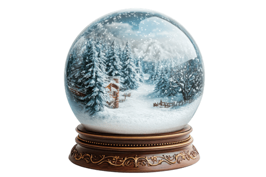 Beautiful snow globe capturing a serene winter landscape with trees and a cozy cabin in the woods png