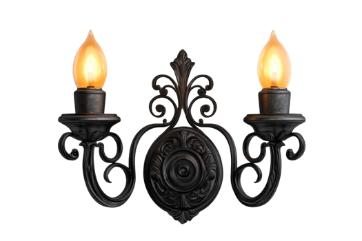 Elegant black wall sconce with candle-like bulbs illuminating a stylish interior space in a vintage setting png