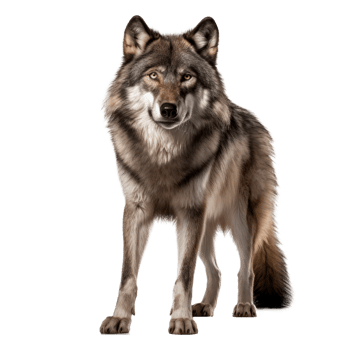 A majestic grey wolf standing confidently against a transparent background png