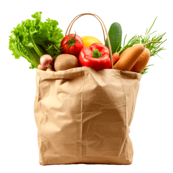 A brown paper bag filled with fresh vegetables and greens png