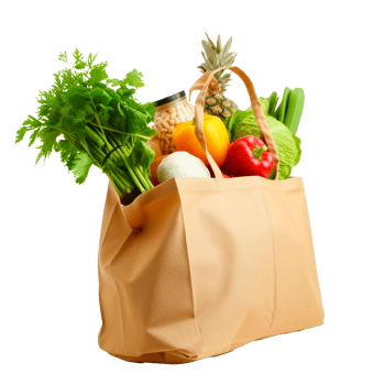A reusable grocery bag filled with fresh vegetables and fruits. png