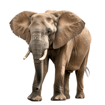 A realistic elephant standing on a transparent background. png