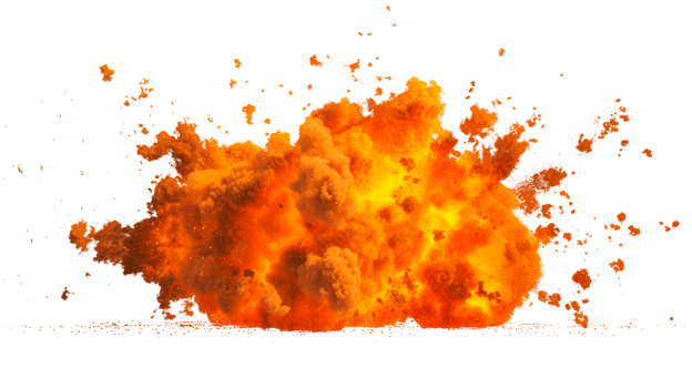 A vibrant explosion emitting fire and smoke in bright orange hues png