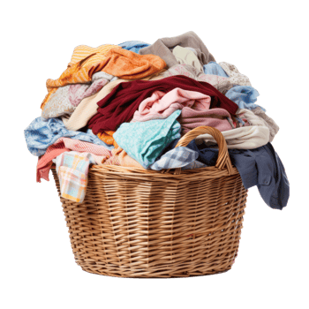A wicker basket filled with a colorful pile of laundry. png