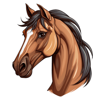 Stylized illustration of a horse head with brown mane and expressive eyes. png