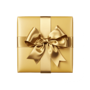 A beautifully wrapped gold gift box with a shiny bow on top. png