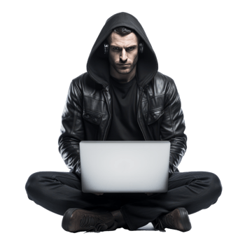 A man in a hoodie using a laptop while wearing headphones. png