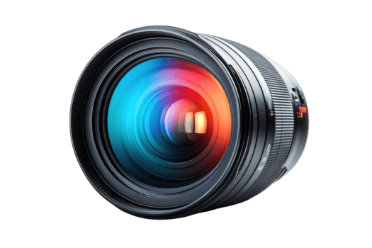 Professional camera lens showcasing vibrant colors and intricate design for high-quality photography experiences png