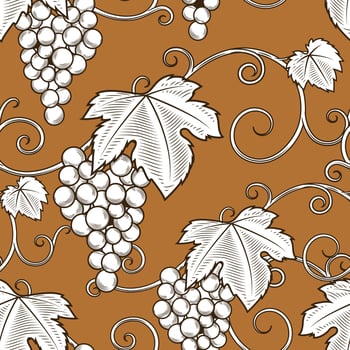 Grape vine branches seamless pattern background illustration. Engraving style. Brown color vector