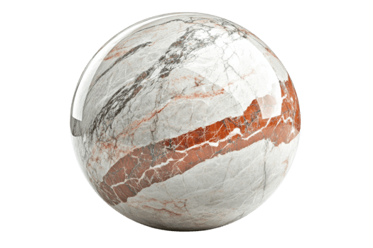 Marble sphere featuring intricate patterns in shades of gray and red placed on a white background png