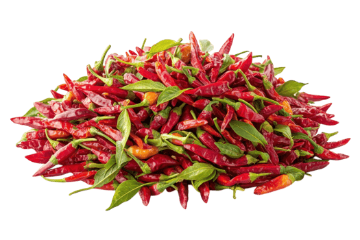 Bright red chili peppers stacked high with fresh green leaves in a market setting showcasing vibrant produce png