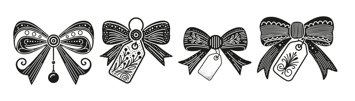 A set of black and white bows with patterns and labels. vector