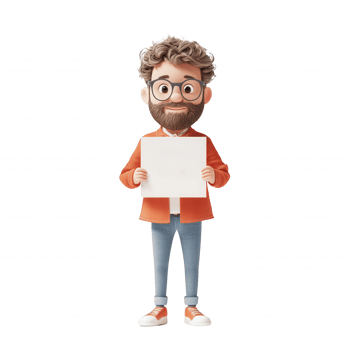 A cheerful cartoon man holding a blank sign, ready for communication or advertising. png