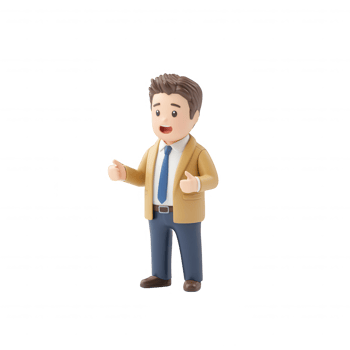 A cheerful businessman in a suit presenting an idea with a smile. png