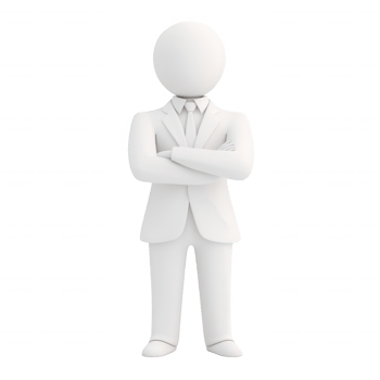 A simple 3D character in a suit with arms crossed, representing confidence and professionalism. png