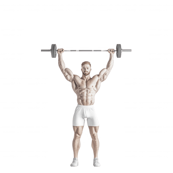Muscular man lifting a barbell overhead, showcasing strength and fitness. png