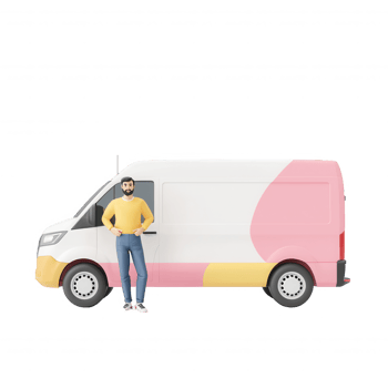 A man standing beside a colorful delivery van, ready for a business journey. png