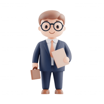 A cartoon businessman holding documents in a professional suit and glasses. png