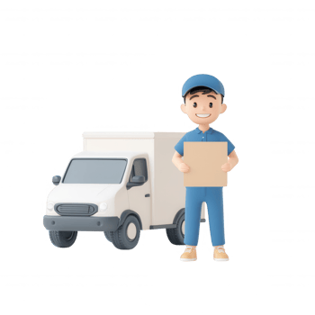 A cheerful delivery person holding a box next to a delivery van. png