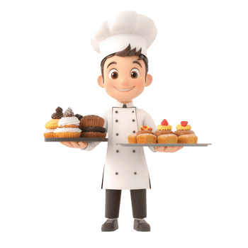 Happy chef presenting a variety of delicious baked goods on a tray. png