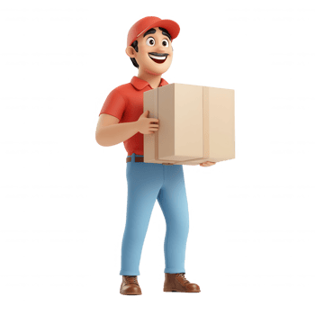 Cheerful delivery man holding a package, ready to deliver your online order. png