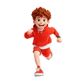 A cheerful young boy in red sportswear running energetically outdoors. png