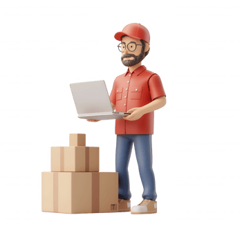 A character managing packages with a laptop, representing modern logistics. png
