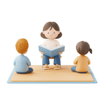 A woman reading to children on a mat, fostering a love for stories and learning. png
