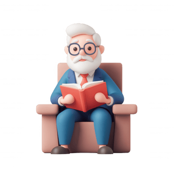 An elderly man with glasses reading a book in a cozy armchair. png