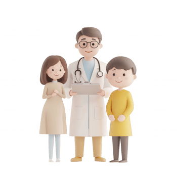 A friendly doctor with two cheerful children, promoting health and well-being. png