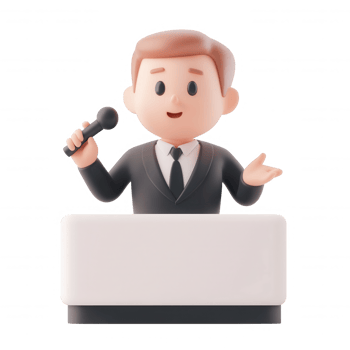 Illustration of a confident presenter giving a speech with a microphone. png
