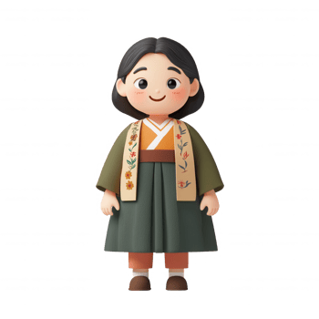 A cute cartoon character wearing traditional clothing with floral patterns. png