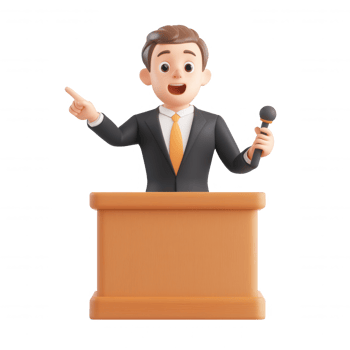 A cartoon character giving a presentation at a podium, engaging the audience enthusiastically. png