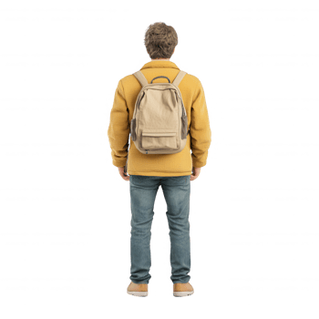 A person wearing a yellow jacket and backpack, seen from behind, ready for adventure. png