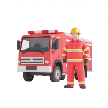 A cartoon firefighter standing next to a red fire truck, ready for action. png