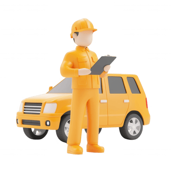 A construction worker in uniform holding a clipboard beside an orange vehicle. png