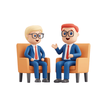 Two animated businessmen engaging in a friendly conversation in a modern setting. png
