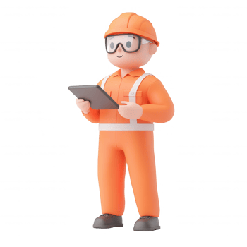 3D illustration of a construction worker holding a tablet in safety gear. png