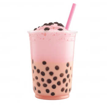 A refreshing pink bubble tea with black tapioca pearls on a white background. png