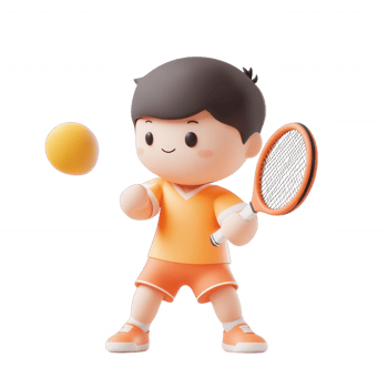 A cheerful cartoon boy playing tennis with a racket and ball, promoting active play. png