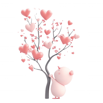 A cute pink bear embraces a tree adorned with heart-shaped blossoms. png