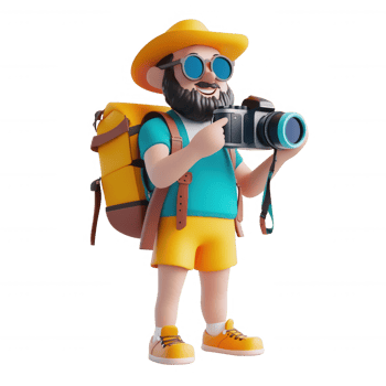A cheerful traveler with a camera ready to capture scenic adventures outdoors. png