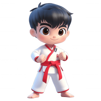 A cute cartoon boy in a karate uniform demonstrating a confident pose. png