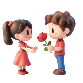 A charming illustration of a boy giving a flower to a girl, symbolizing love and friendship. png