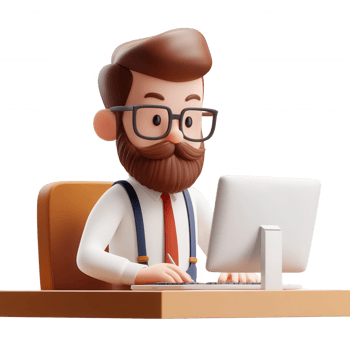 A cartoon businessman focused on his computer, representing modern work culture. png